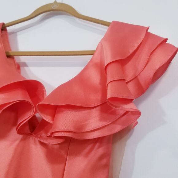 Sherri Hill Coral Formal Dress with Ruffles Fit & Flare Side Sheer Pockets - Picture 12 of 12